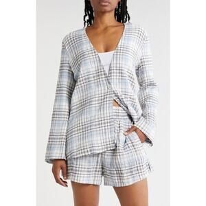 Melrose and Market Plaid Seersucker Blazer Womens S Blue White Oversized Coastal
